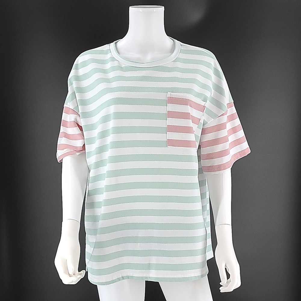 Dokotoo Womens Striped Colorblock Pocket T-Shirt Mint Pink White Size L